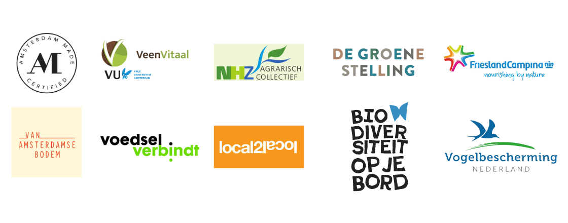 Partners Boeren van Amstel friesland campina, vogelbescherming, amsterdam made, van amsterdamse bodem, veenvitaal VU, groene stelling, local 2 local, voedsel verbindt , biodiversiteit op je Bord